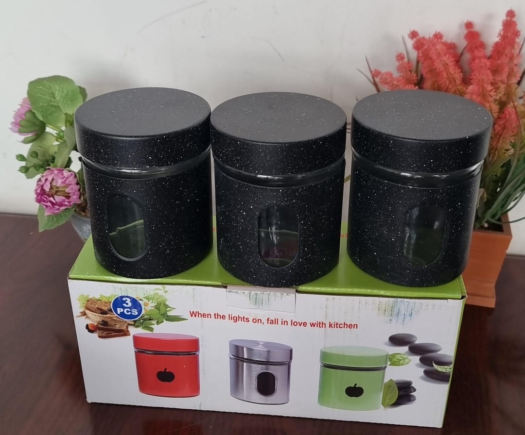 450ML x 3 PC GLASS CANISTER WITH STYLISH METAL COVERING..SPICE JARS COMES IN 3 JARS