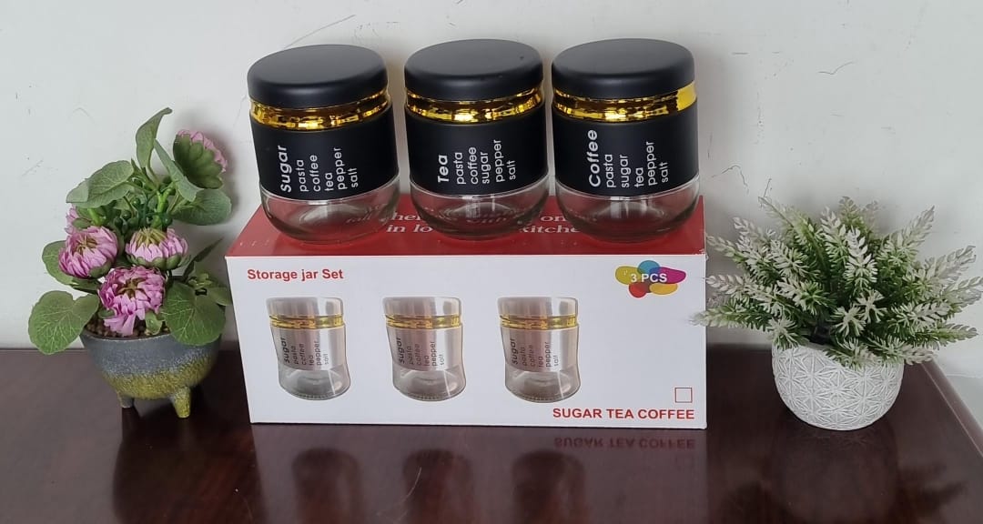 450ML x 3 PC GLASS CANISTER WITH STYLISH METAL COVERING..SPICE JARS COMES IN 3 JARS