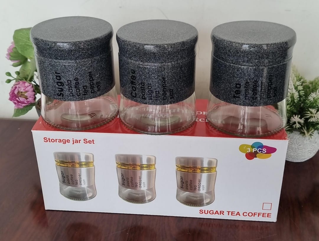 450ML x 3 PC GLASS CANISTER WITH STYLISH METAL COVERING..SPICE JARS COMES IN 3 JARS