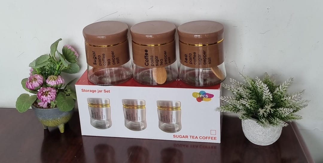 450ML x 3 PC GLASS CANISTER WITH STYLISH METAL COVERING..SPICE JARS COMES IN 3 JARS