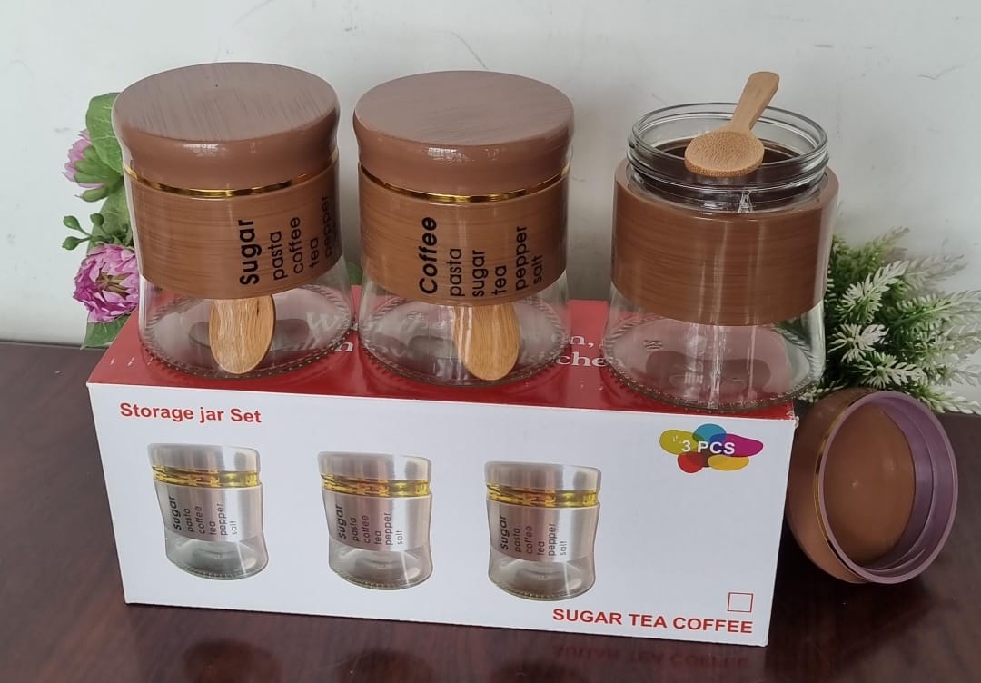 450ML x 3 PC GLASS CANISTER WITH STYLISH METAL COVERING..SPICE JARS COMES IN 3 JARS