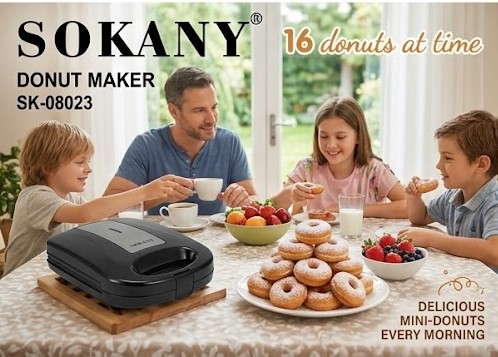 SOKANY 16-Hole Electric Donut Maker – 1200W Non-Stick Mini Donut Baker Machine – SK-08023 Professional Breakfast & Snack Maker