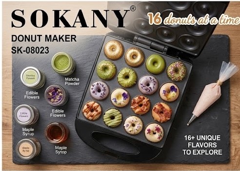 SOKANY 16-Hole Electric Donut Maker – 1200W Non-Stick Mini Donut Baker Machine – SK-08023 Professional Breakfast & Snack Maker