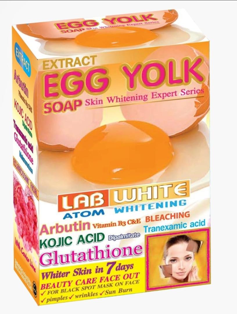 Lab white egg yolk soap.
The soap contains kojic acid,glutathione,arbutin targeting dark spots,acne within 7 days while reducing blemishes and sunburn.