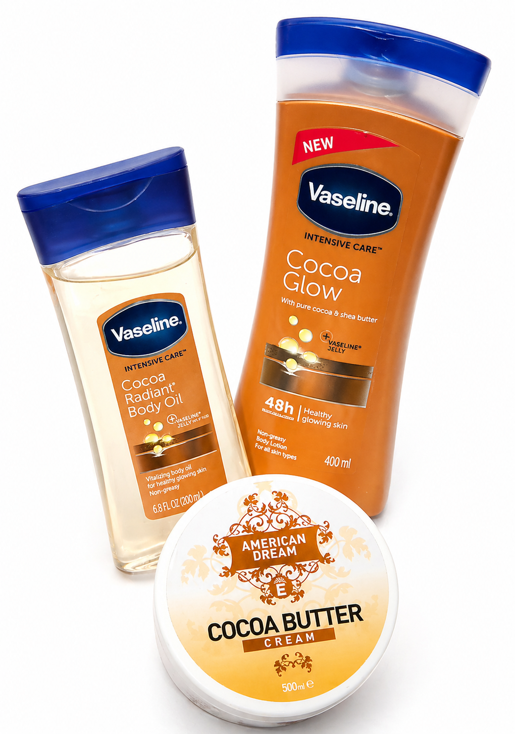 Vaseline Cocoa Glow Body Lotion 400ml + Cocoa Radiant Body Oil + American Dream Cocoa Butter Cream 500ml Moisturizing Skincare Set For Dry Skin Glow Hydration Repair Body Lotion Combo Pack