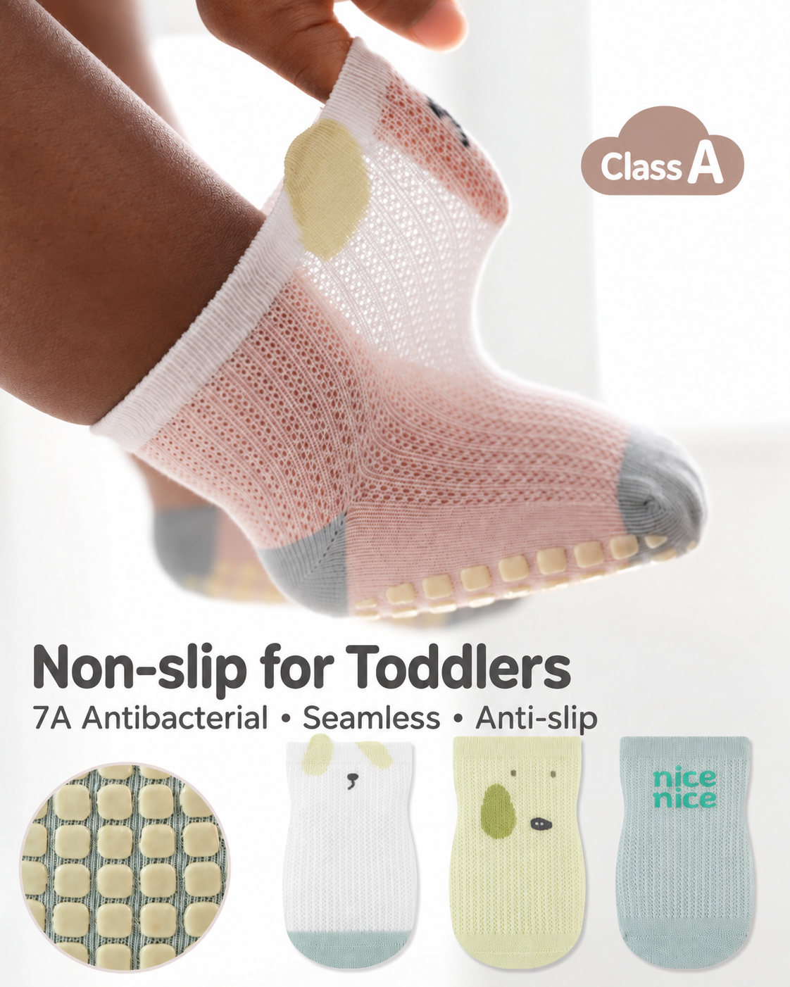 Super Grip Anti-Slip Baby Toddler Mesh Socks - Antibacterial Long-staple Cotton Toddler Socks - 3 Pairs Breathable Non-Skid Gift Set