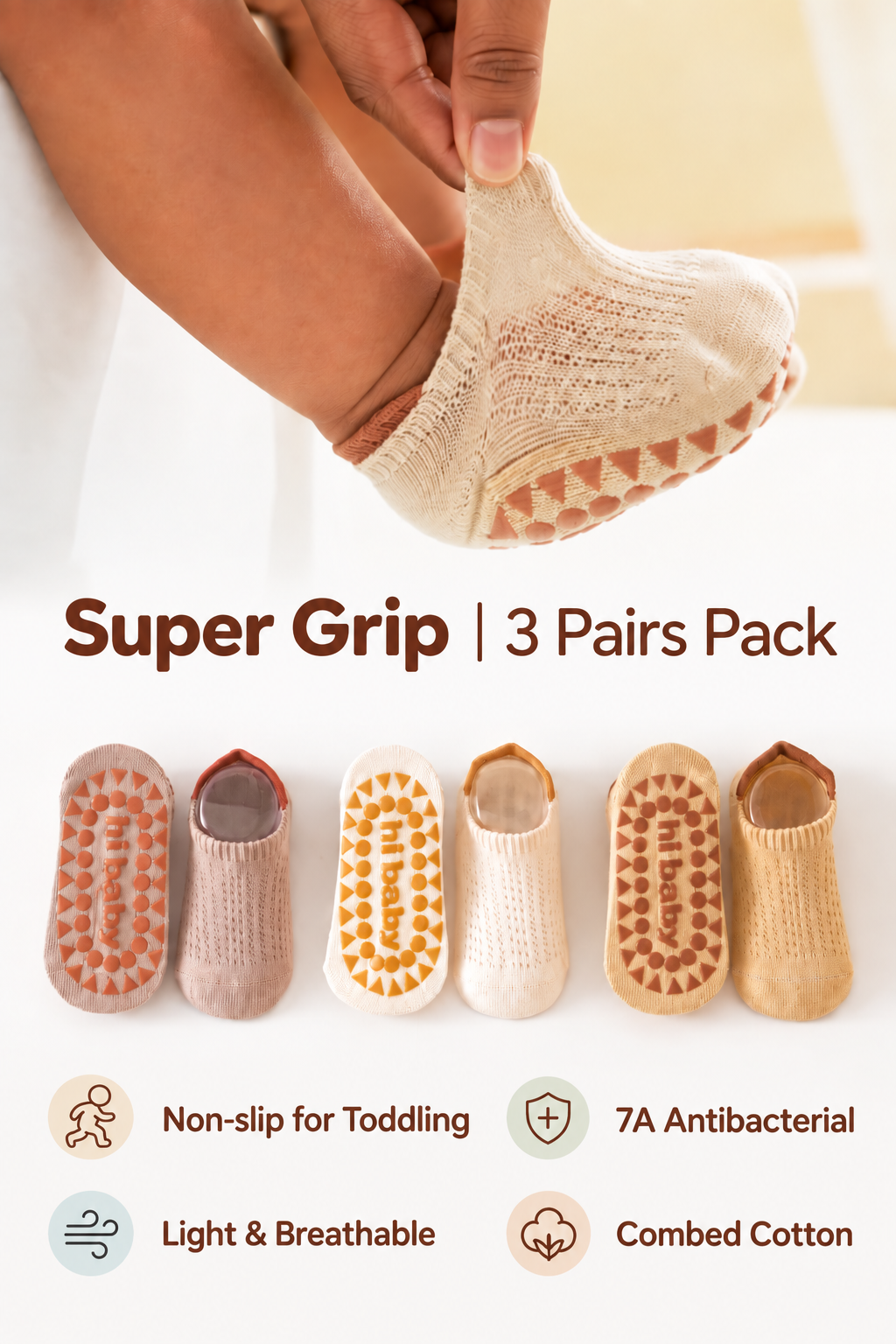 Super Grip 3 Pairs Summer Baby Floor Socks - Low-Cut Ultra-Breathable Mesh Toddler Socks - 7A Antibacterial Cotton Anti-Slip Socks (0-3Y)