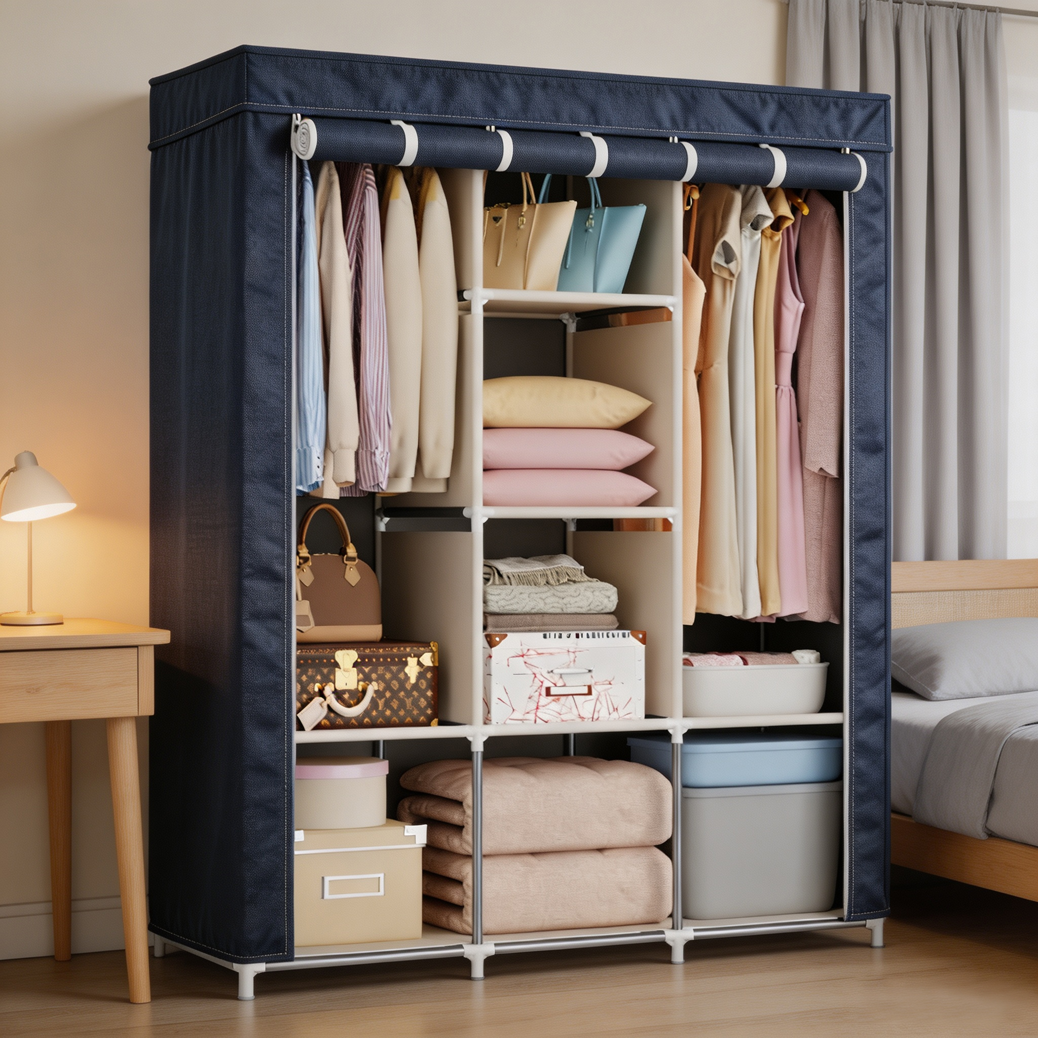 HomeMate 3 Columns 130 DIY Large Capacity Metallic Wardrobe Assemble Closets Portable Home Storage with Rolling Door WDR01N