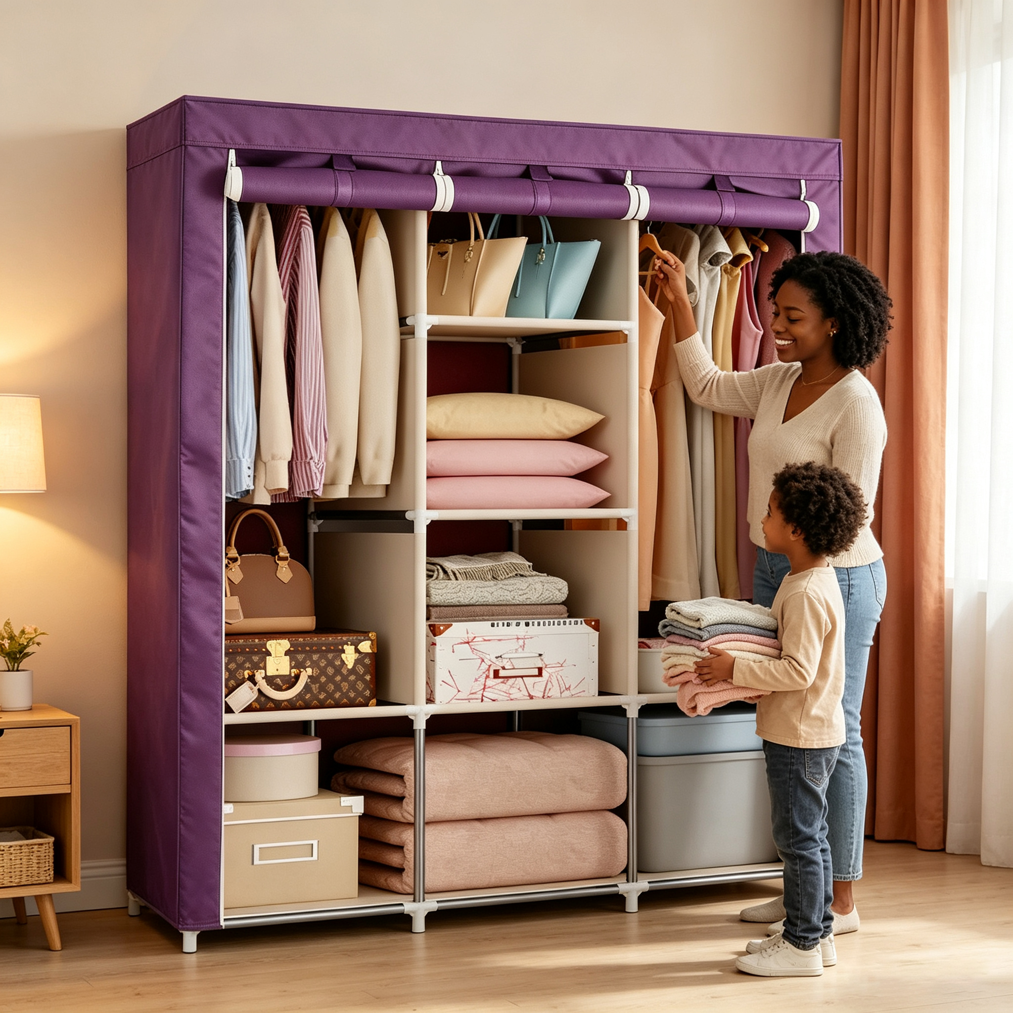HomeMate 3 Columns 130 DIY Large Capacity Metallic Wardrobe Assemble Closets Portable Home Storage with Rolling Door WDR01P