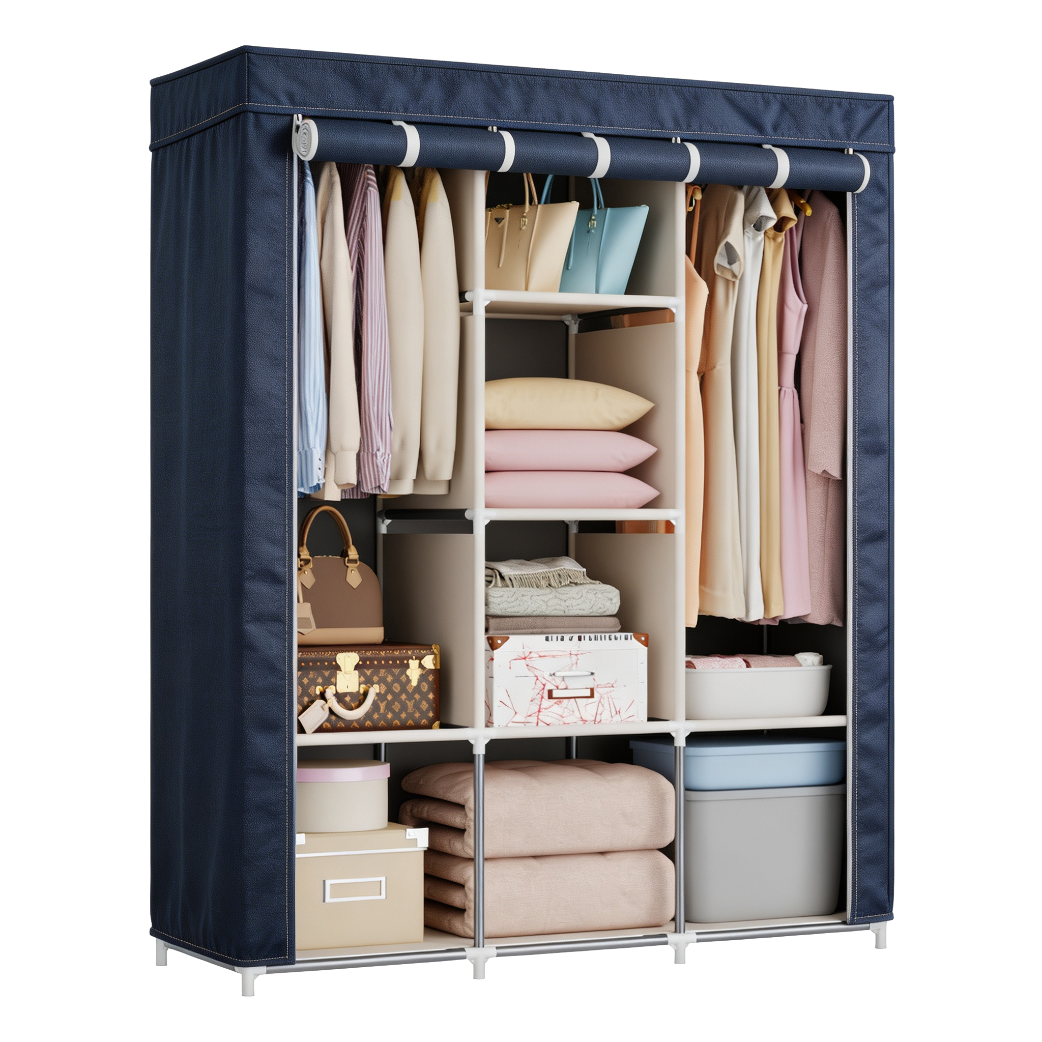 HomeMate 3 Columns 130 DIY Large Capacity Metallic Wardrobe Assemble Closets Portable Home Storage with Rolling Door WDR01N