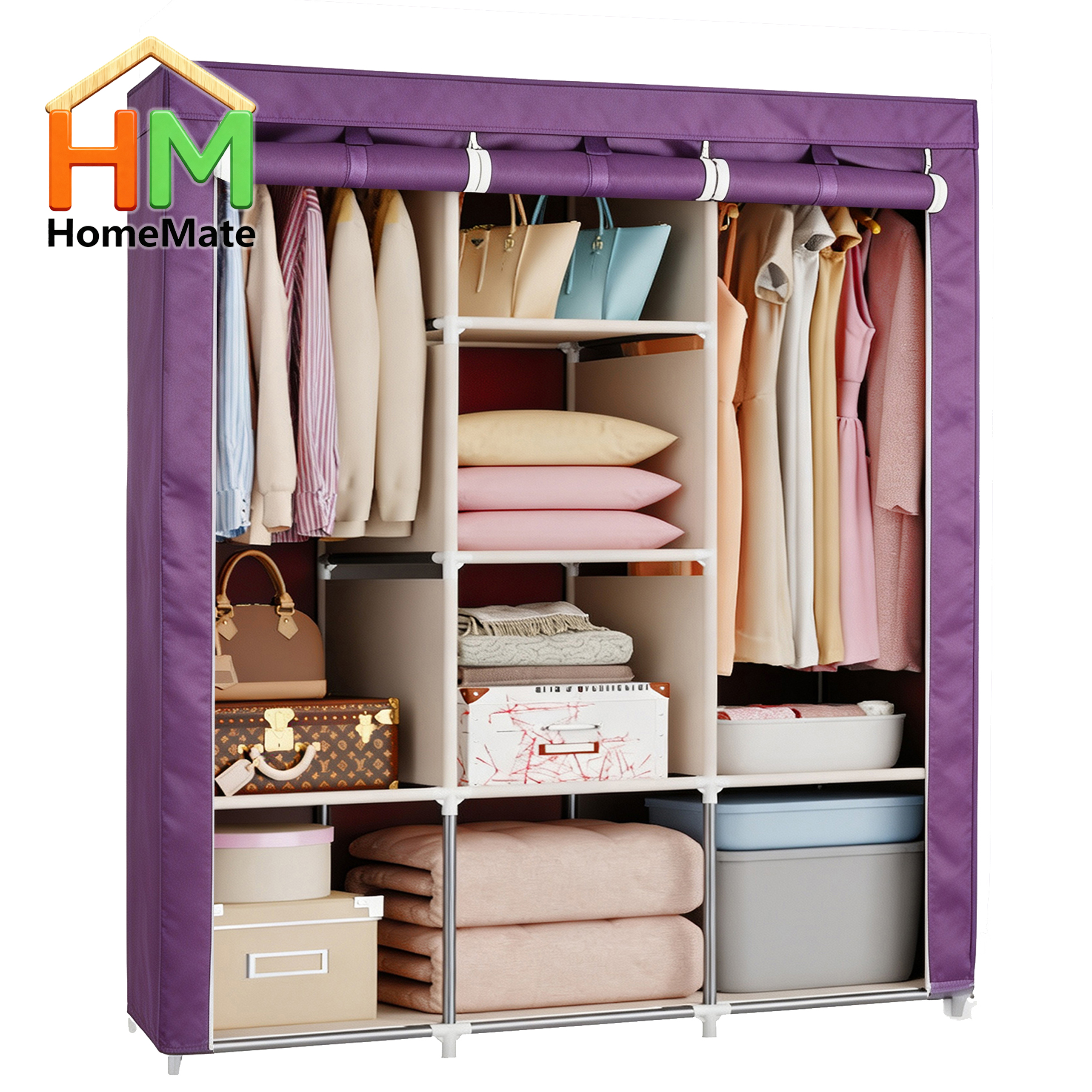 HomeMate 3 Columns 130 DIY Large Capacity Metallic Wardrobe Assemble Closets Portable Home Storage with Rolling Door WDR01P