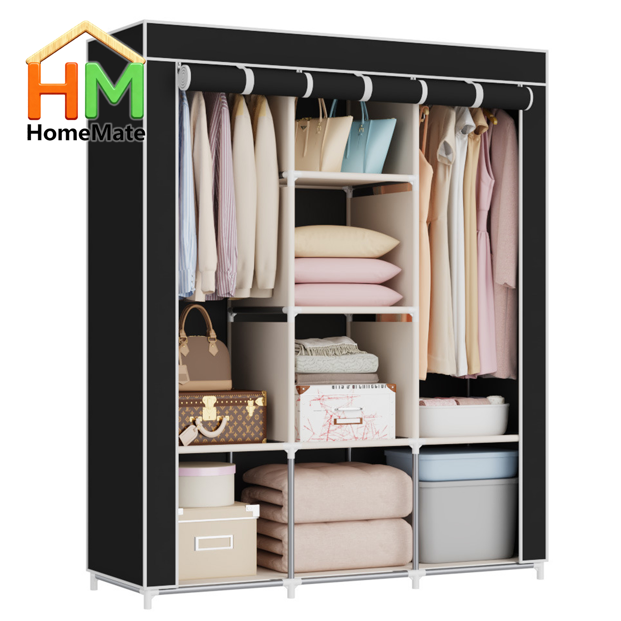 HomeMate 3 Columns 130 DIY Large Capacity Metallic Wardrobe Assemble Closets Portable Home Storage with Rolling Door