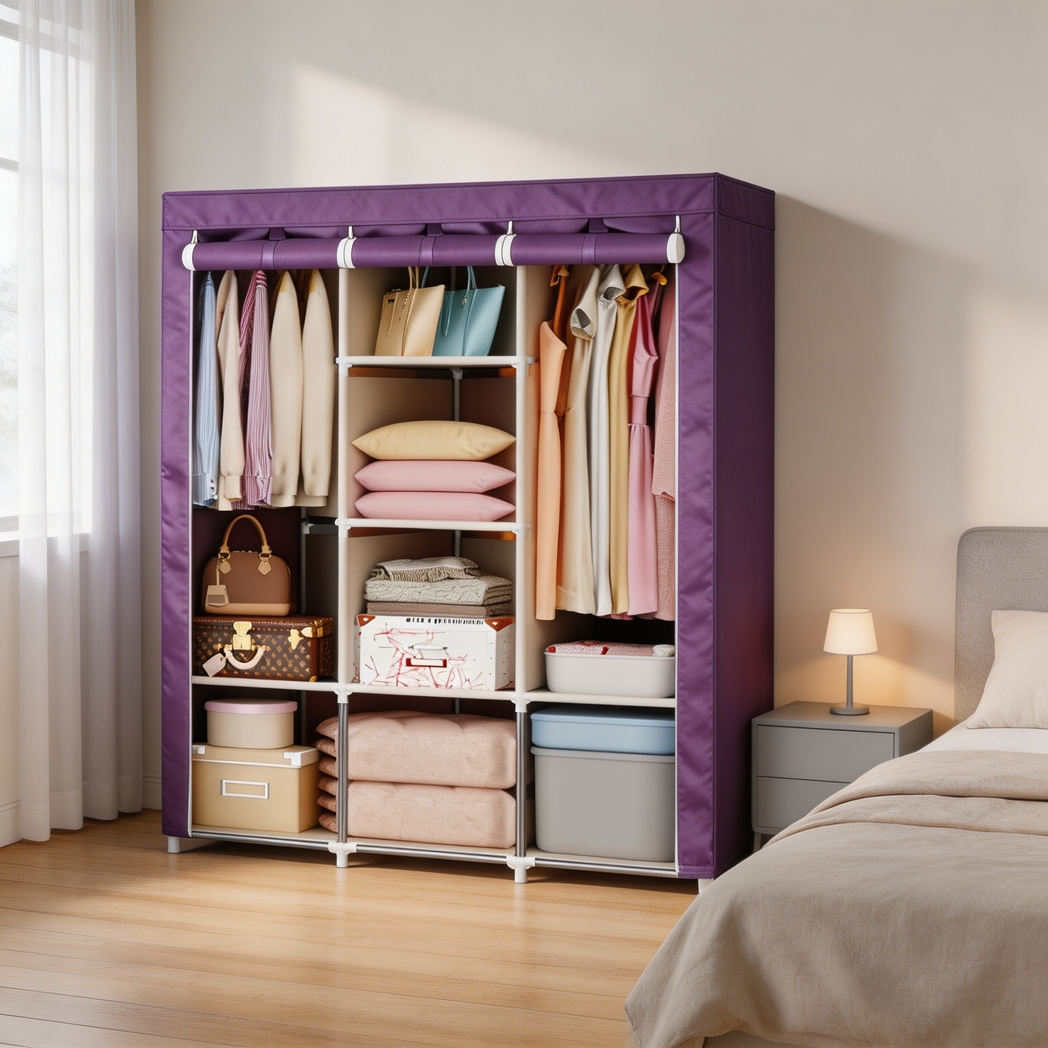 HomeMate 3 Columns 130 DIY Large Capacity Metallic Wardrobe Assemble Closets Portable Home Storage with Rolling Door WDR01P