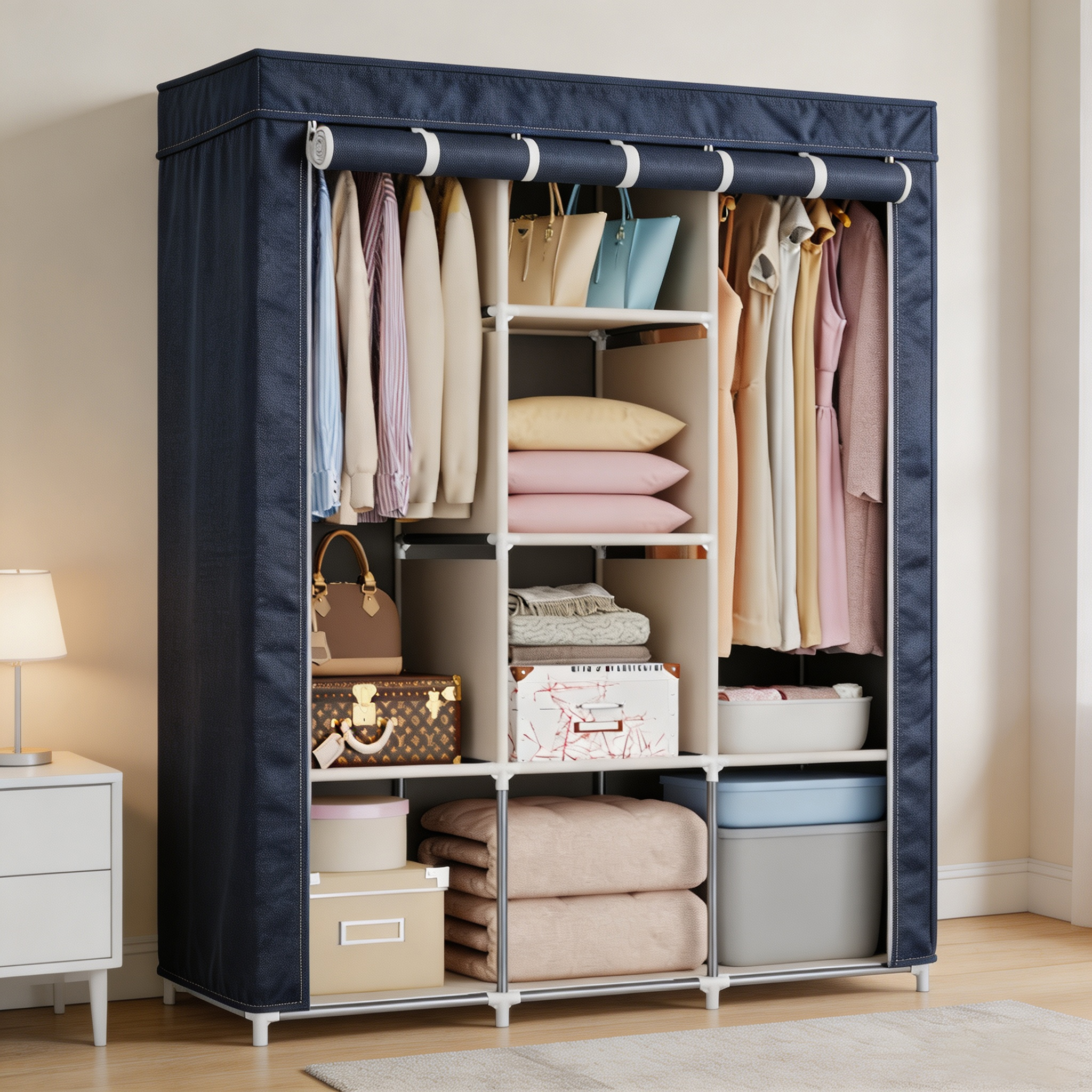 HomeMate 3 Columns 130 DIY Large Capacity Metallic Wardrobe Assemble Closets Portable Home Storage with Rolling Door WDR01N