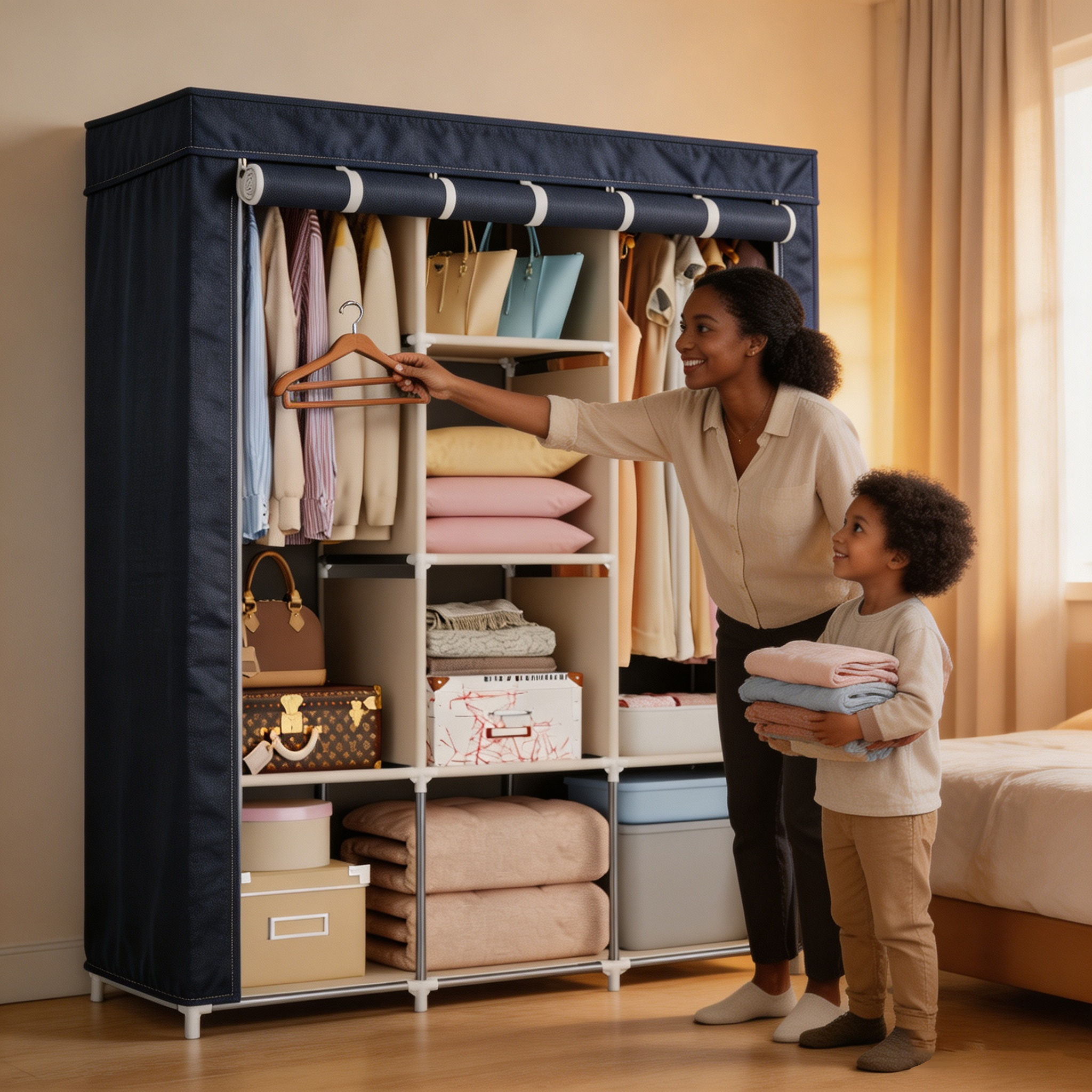 HomeMate 3 Columns 130 DIY Large Capacity Metallic Wardrobe Assemble Closets Portable Home Storage with Rolling Door WDR01N