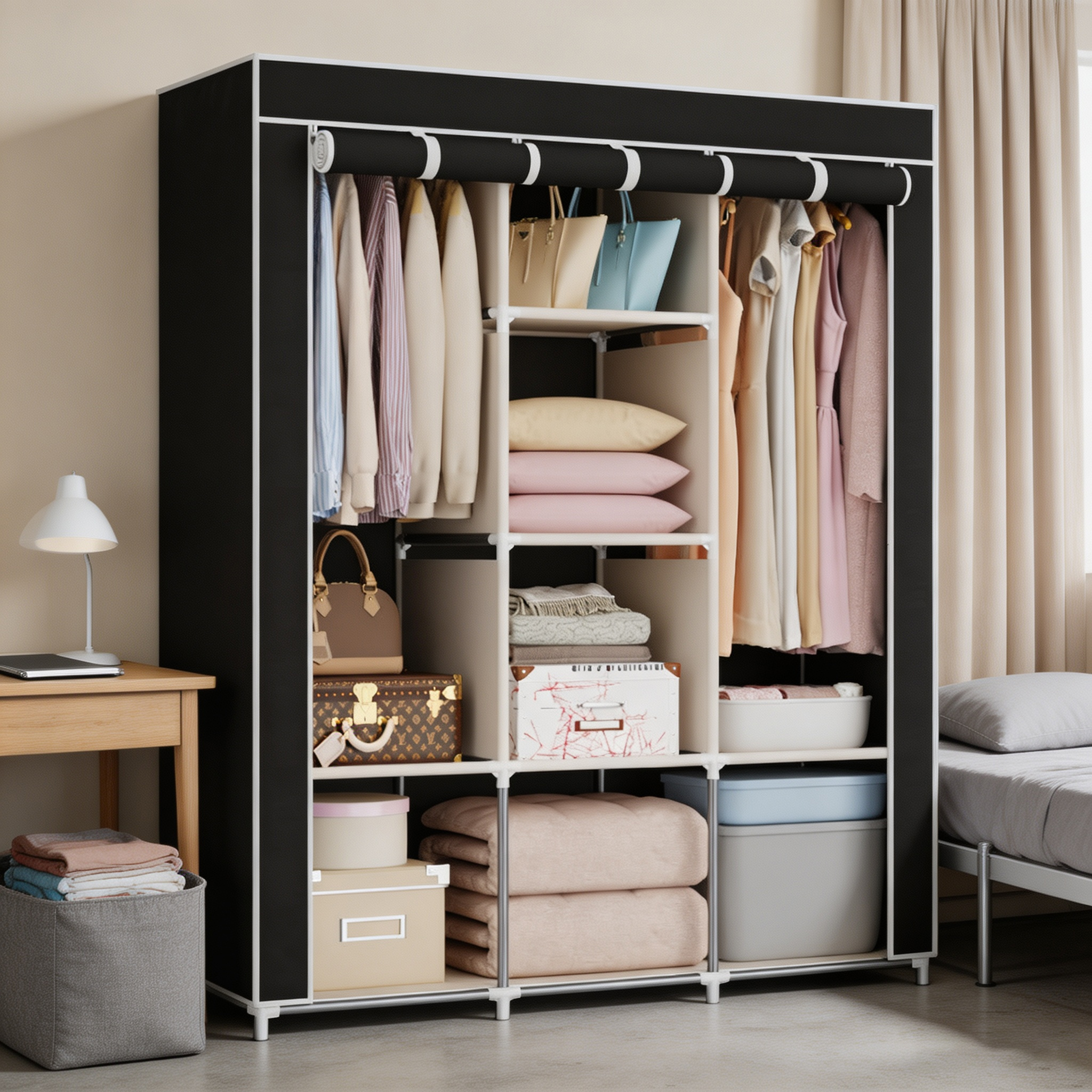 HomeMate 3 Columns 130 DIY Large Capacity Metallic Wardrobe Assemble Closets Portable Home Storage with Rolling Door