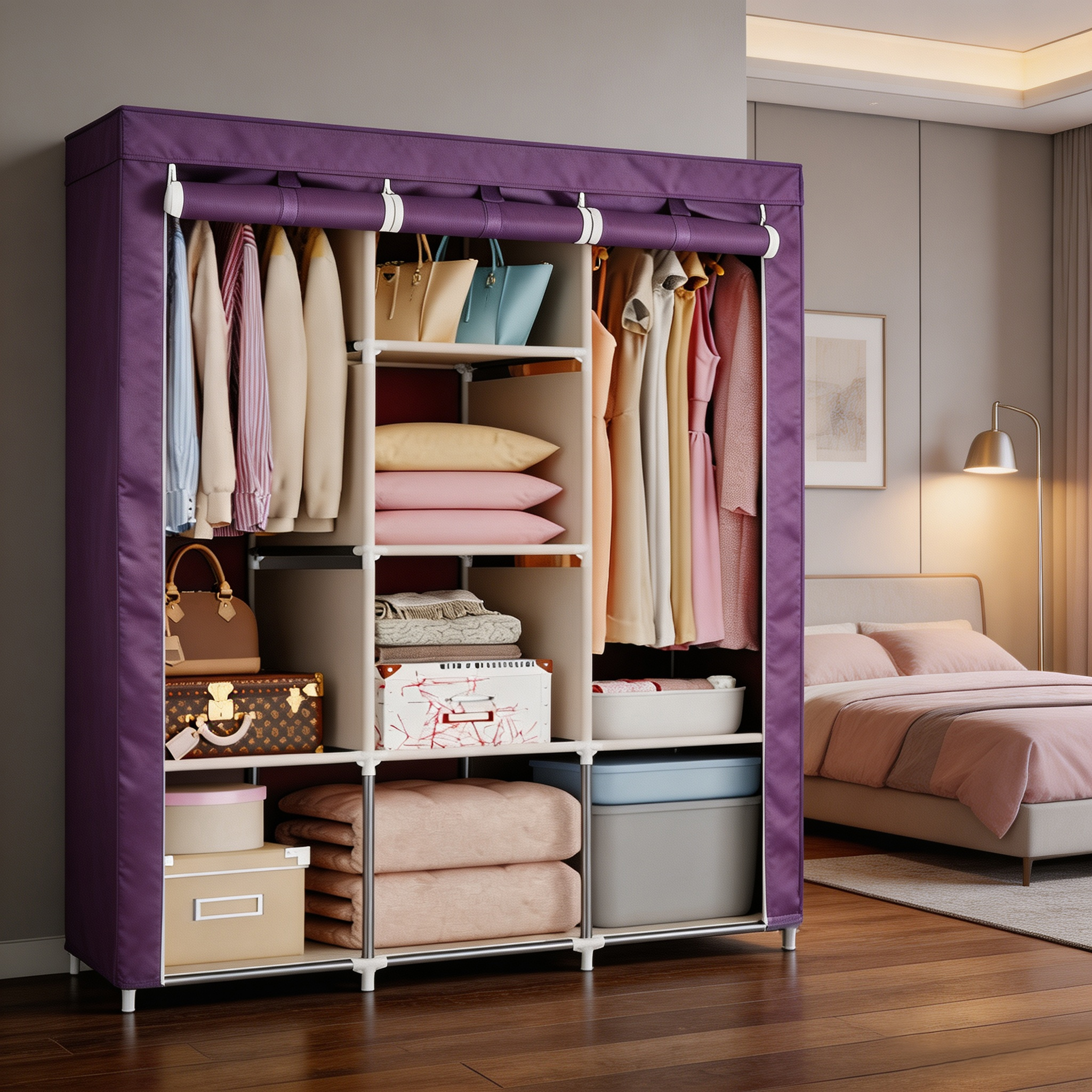 HomeMate 3 Columns 130 DIY Large Capacity Metallic Wardrobe Assemble Closets Portable Home Storage with Rolling Door WDR01P