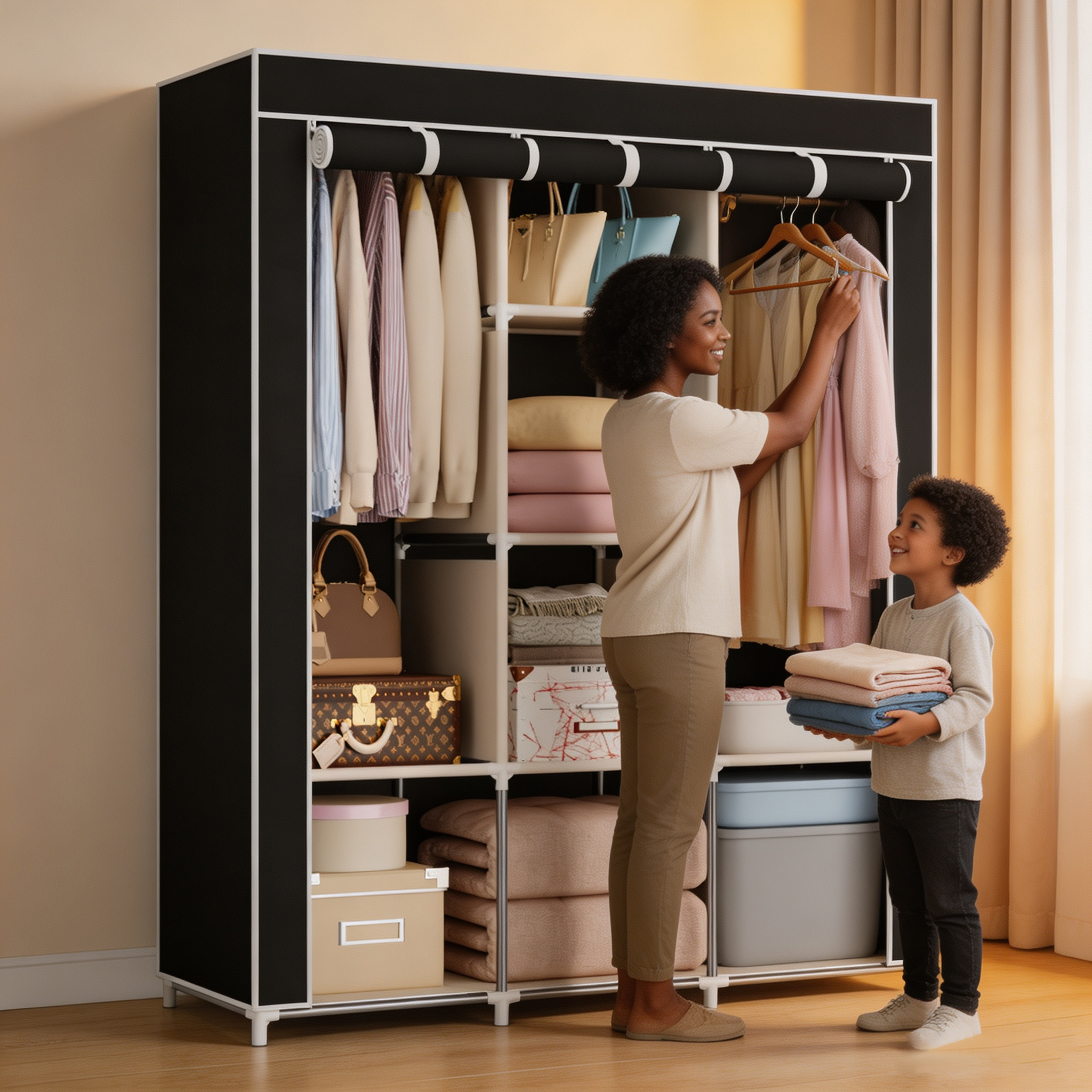 HomeMate 3 Columns 130 DIY Large Capacity Metallic Wardrobe Assemble Closets Portable Home Storage with Rolling Door