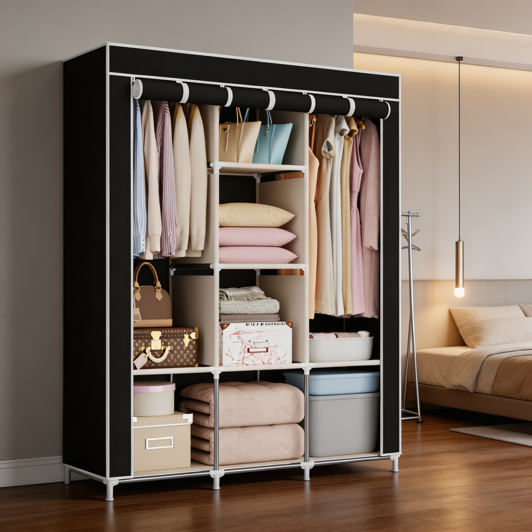 HomeMate 3 Columns 130 DIY Large Capacity Metallic Wardrobe Assemble Closets Portable Home Storage with Rolling Door