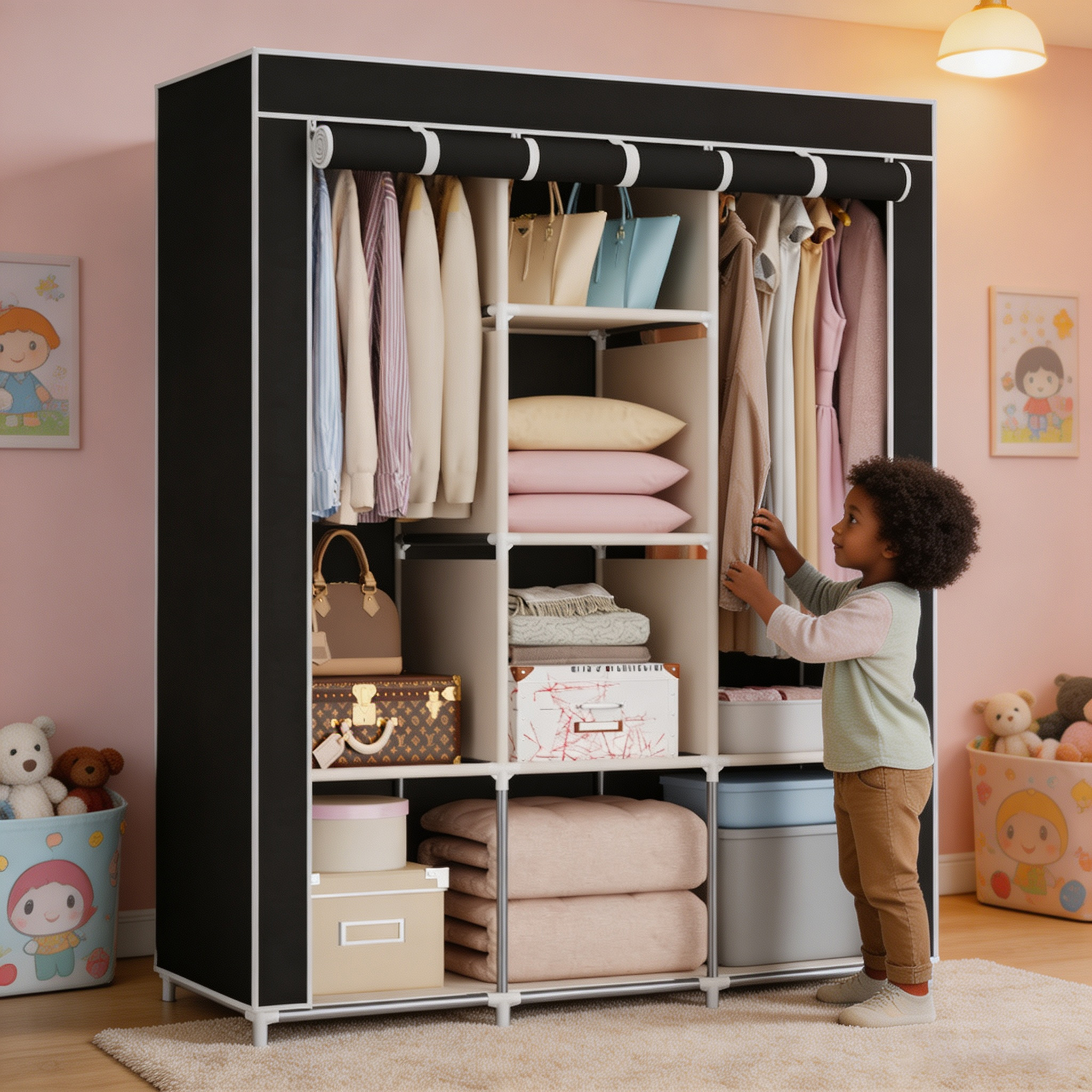 HomeMate 3 Columns 130 DIY Large Capacity Metallic Wardrobe Assemble Closets Portable Home Storage with Rolling Door