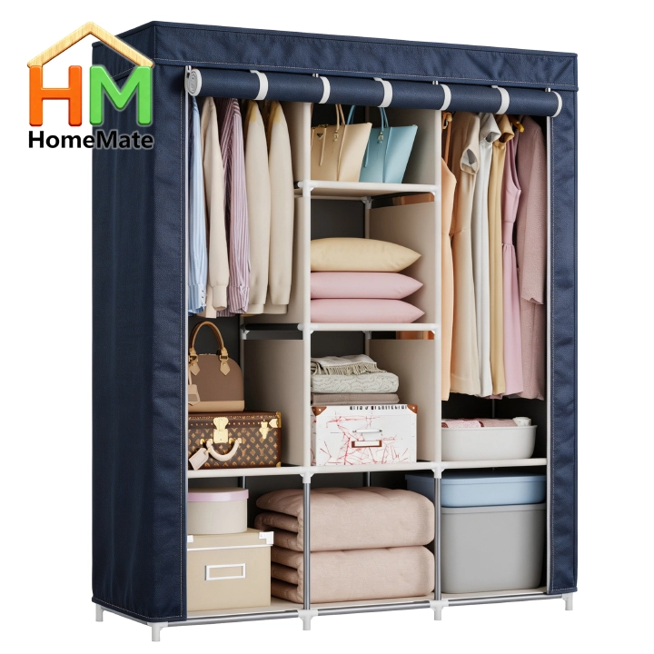 HomeMate 3 Columns 130 DIY Large Capacity Metallic Wardrobe Assemble Closets Portable Home Storage with Rolling Door WDR01N