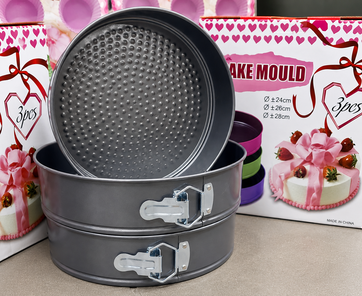 🍰Brand New 3-Piece Springform Cake Mould Set ✅24cm,✅26cm,✅28cm | Round Non-Stick Baking Pans with Easy-Release Locking Latch.