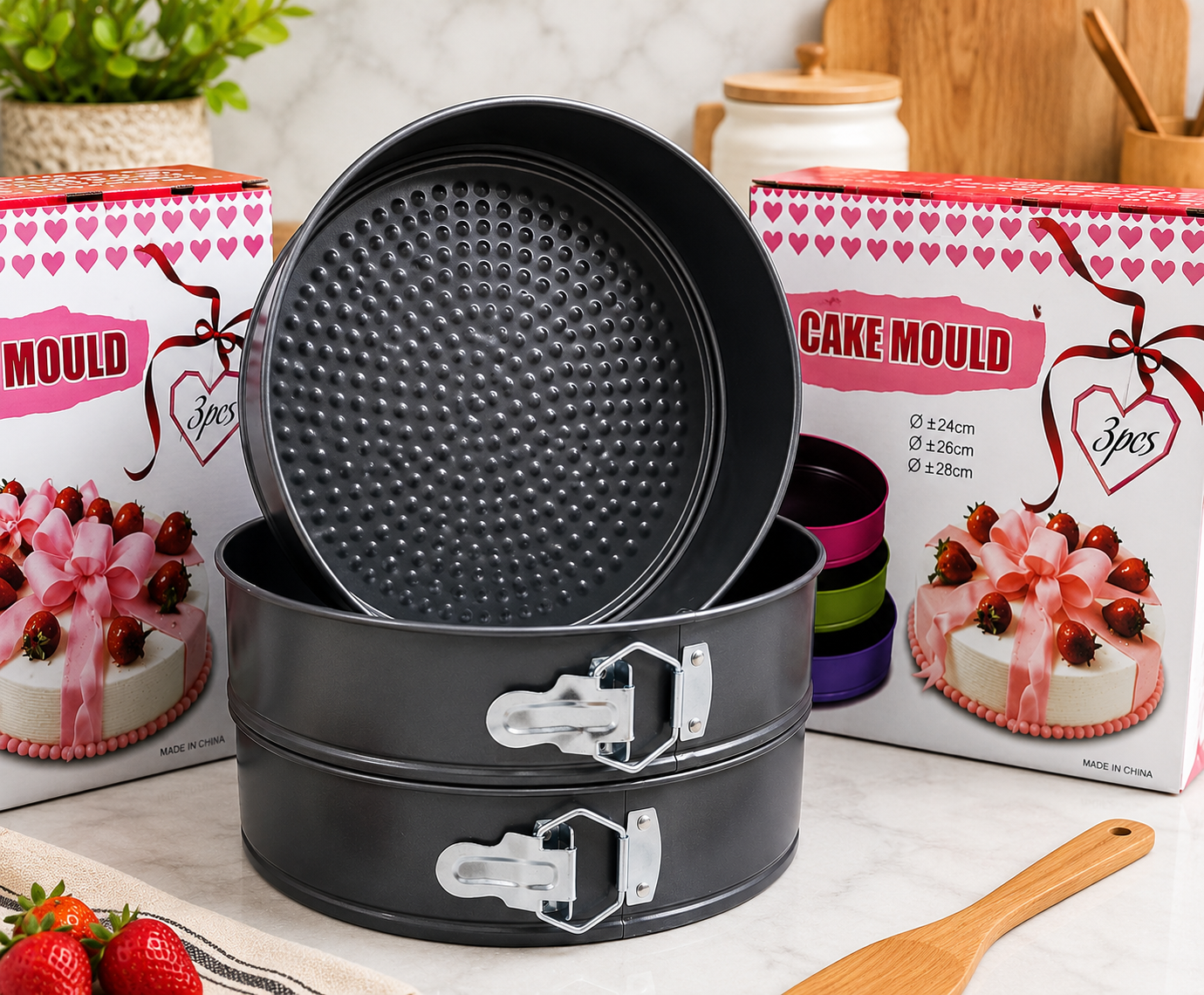 🍰Brand New 3-Piece Springform Cake Mould Set ✅24cm,✅26cm,✅28cm | Round Non-Stick Baking Pans with Easy-Release Locking Latch.