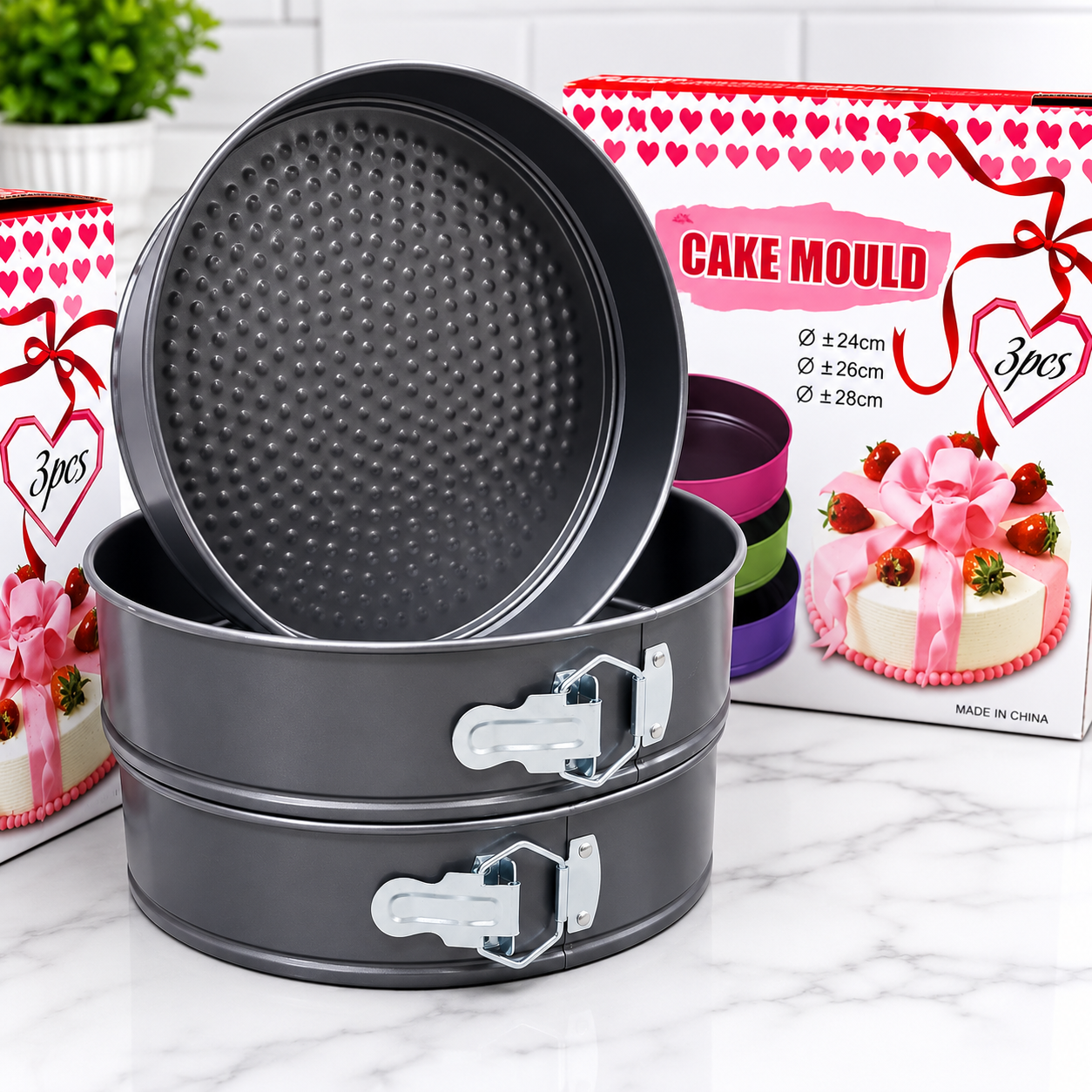 🍰Brand New 3-Piece Springform Cake Mould Set ✅24cm,✅26cm,✅28cm | Round Non-Stick Baking Pans with Easy-Release Locking Latch.