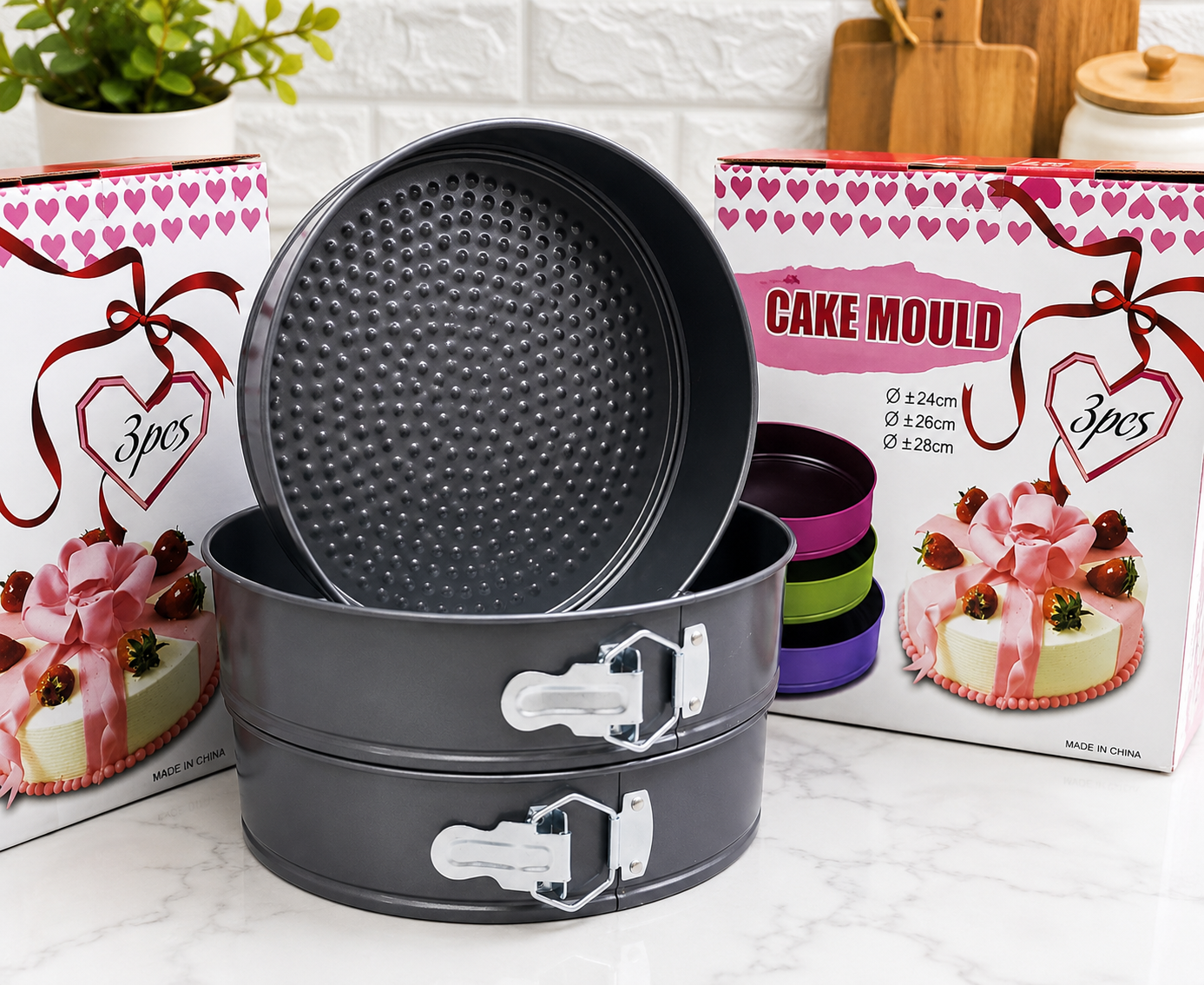 🍰Brand New 3-Piece Springform Cake Mould Set ✅24cm,✅26cm,✅28cm | Round Non-Stick Baking Pans with Easy-Release Locking Latch.