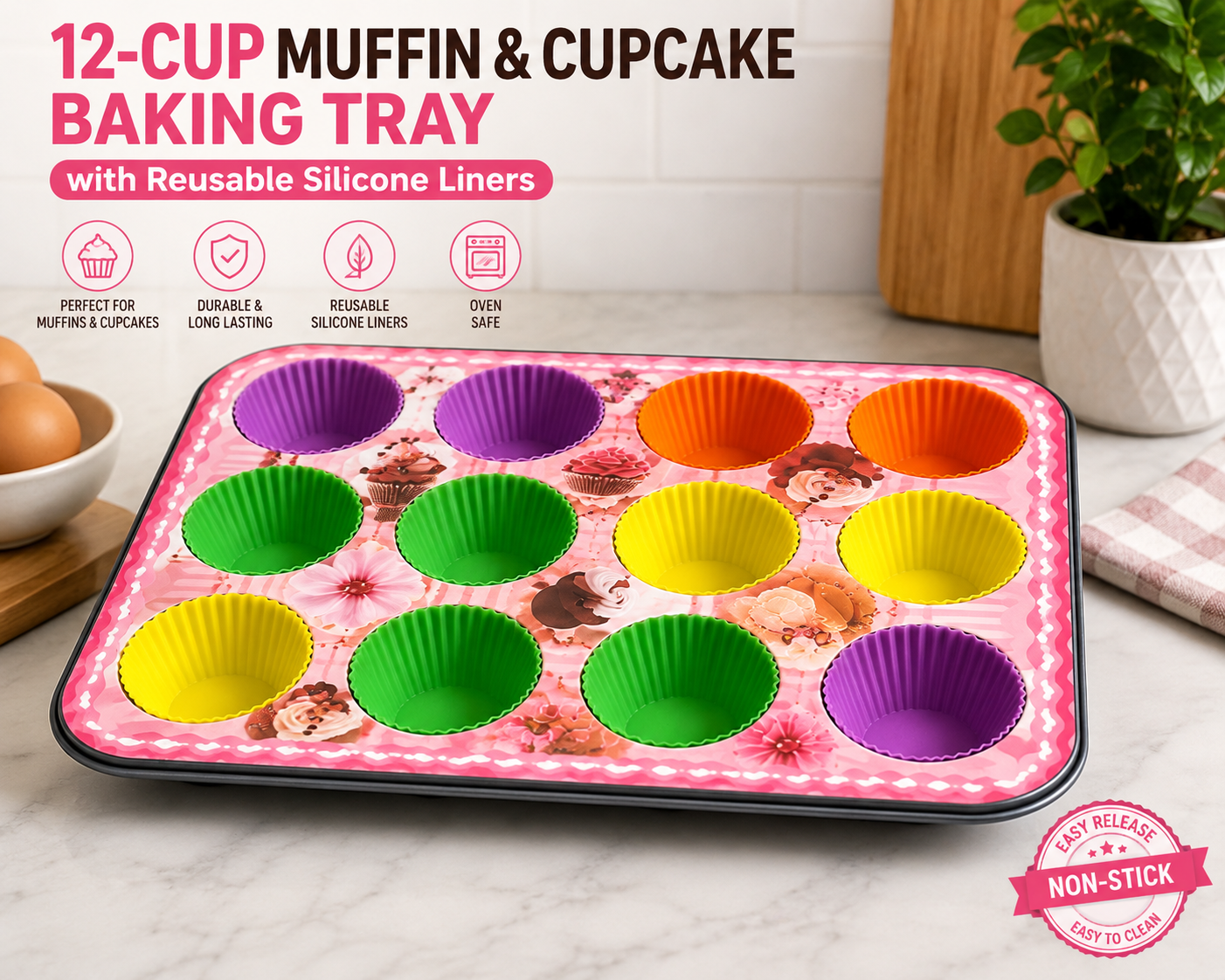 🍰Brand New Redberry 12-Cup Muffin & Cupcake Baking Tray – Colorful Non-Stick Baking Pan for Muffins, Cupcakes & Mini Cakes.
