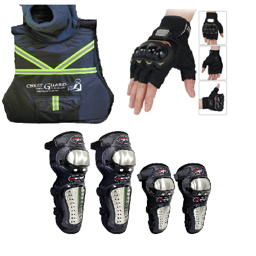 Pro Biker Motorcycle 3-in-1 Protective Gear Set – Chest Guard, Pro-Biker Knee & Elbow Guards, Half - Finger Gloves