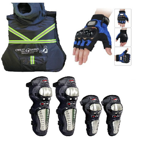Pro Biker Motorcycle 3-in-1 Protective Gear Set – Chest Guard, Pro-Biker Knee & Elbow Guards, Half - Finger Gloves
