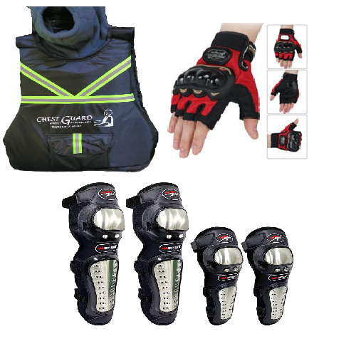Pro Biker Motorcycle 3-in-1 Protective Gear Set – Chest Guard, Pro-Biker Knee & Elbow Guards, Half - Finger Gloves