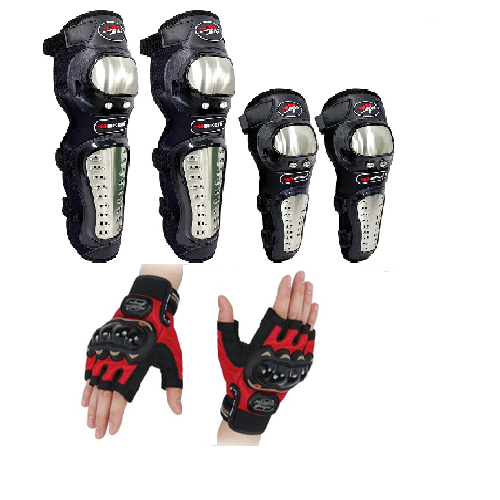 Pro-Biker 4pcs Knee & Elbow Guards + Half Finger Gloves Set