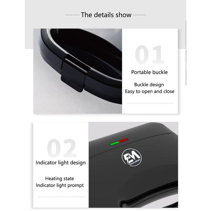 EM 2 Bread Slice Sandwich Maker & Toaster/dessert Maker. Electro Mate Sandwich Maker Toaster 2-Slice Non-Stick 750W Black  (1YR WRTY)