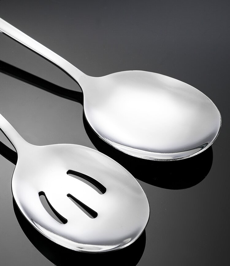 2Pcs Square Head Stainless Steel Serving Spoon Set, Solid & Slotted Buffet Spoons