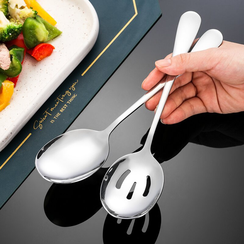 2Pcs Square Head Stainless Steel Serving Spoon Set, Solid & Slotted Buffet Spoons