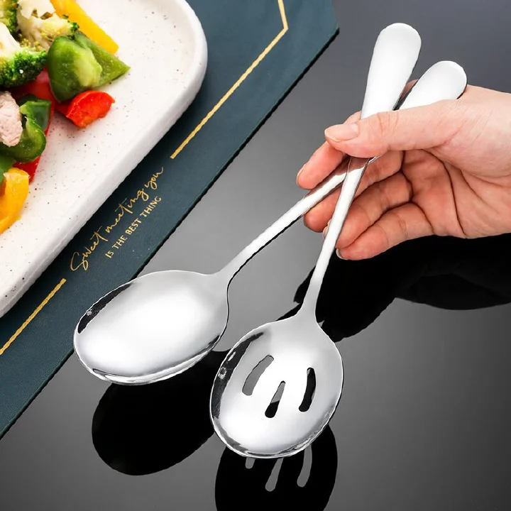 2Pcs Square Head Stainless Steel Serving Spoon Set, Solid & Slotted Buffet Spoons