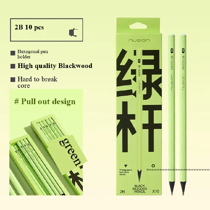 NUSIGN Green Hexagonal Black Wood Pencils 10 Pack, HB & 2B Optional, Break Resistant Writing Pencils for School Kids Students