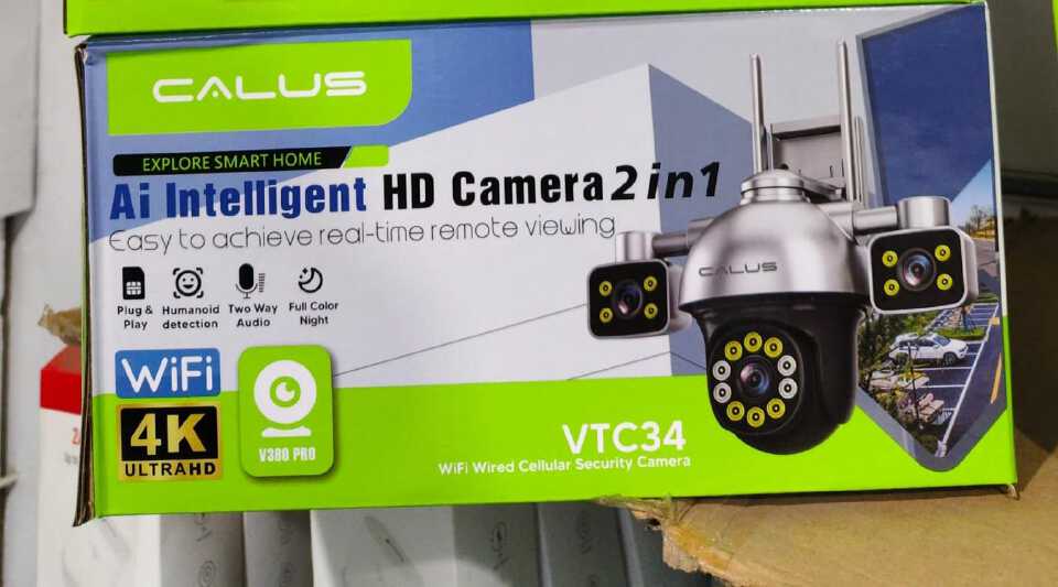 CALUS VTC 34, WIFI SURVEILANCE CAMERA,4K ULTRA HD TRIPPLE LENS, MOTION SENSOR, 2 WAY AUDIO, Ai INTELLIGENT HD CAMERA, COLOURED NIGHT VISION, ALARM PUSH, AI MOTION TRACKING. REAL TIME REMOTE MONITORING