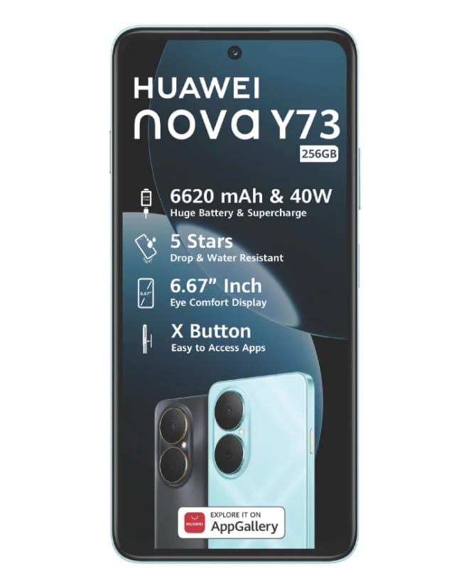 ON OFFER!! HUAWEI NOVA Y73,  WATER AND DUST RESISTANT, 8GB RAM + 256GB ROM,TURBO CHARGING, 6.67 DISPLAY, 6620mAh BATTERY DUAL SIM, 50mp PANORAMA HDR REAR CAMERA + 8mp wide, SIDE FINGERPRINT