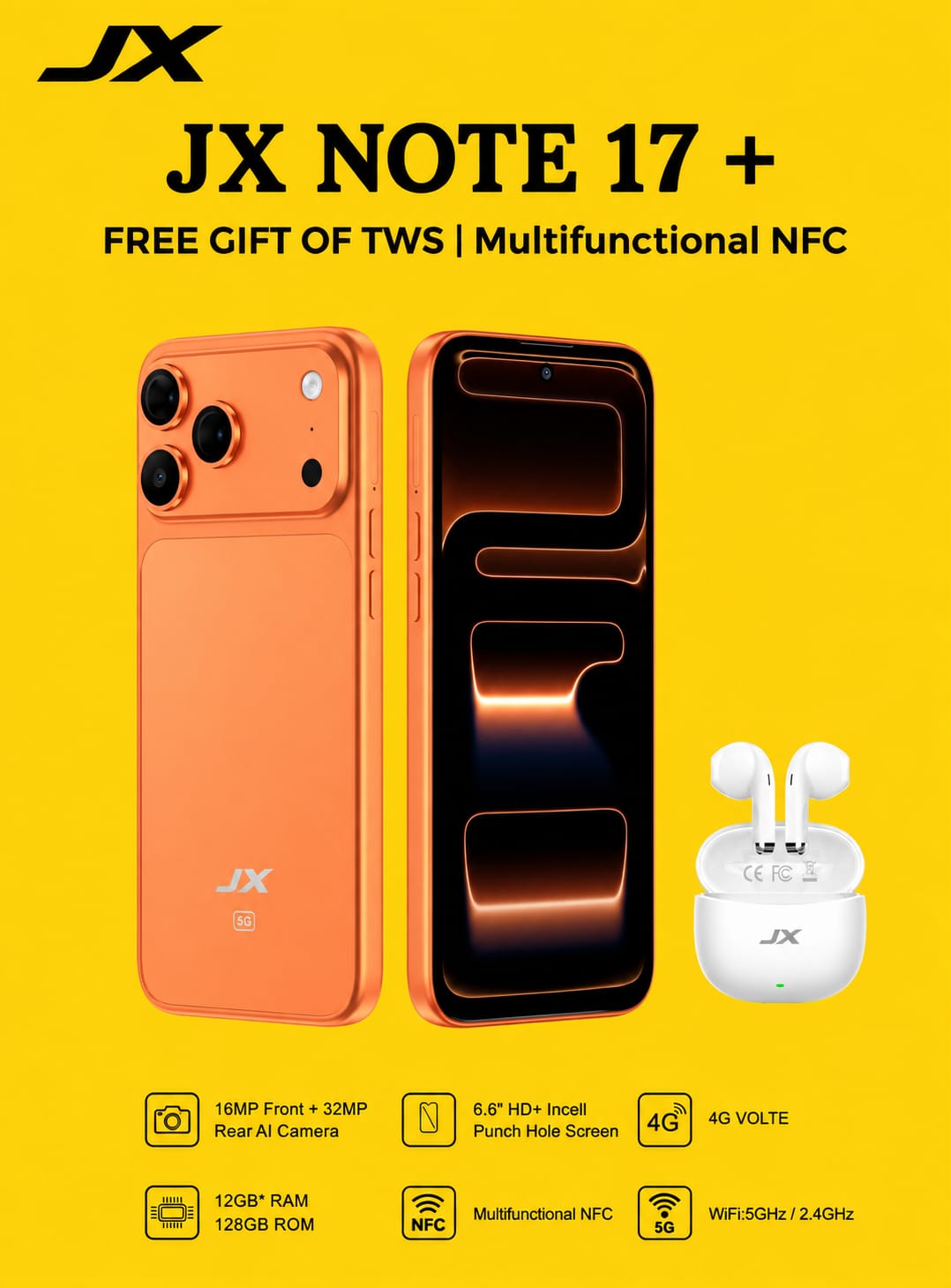 JX NOTE 17 + PRO MAX ,12GB RAM + 128GB ROM, 16MP + 32MP REAR AI CAMERA, 6.6''HD+ Incell Punch hole Screen,4G, ANDROID 14, 5000MAH, WITH EARPODS AND IPHONE COVER GIFTS, WIFI 5GHz/24GHz, OCTACORE PROCES
