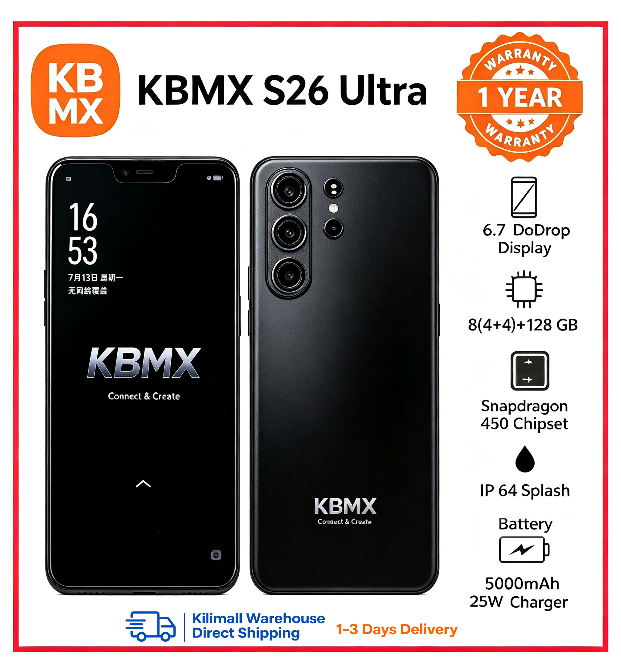 Brand New KBMX Smartphone, Nairobi Stock, 128GB Storage + 8GB RAM, 50MP Camera, 6.7-inch 90Hz Screen, Snapdragon 450 Processor, 5000mAh Battery, 25W Type-C Fast Charge, Android 14. Limited Stock!!!