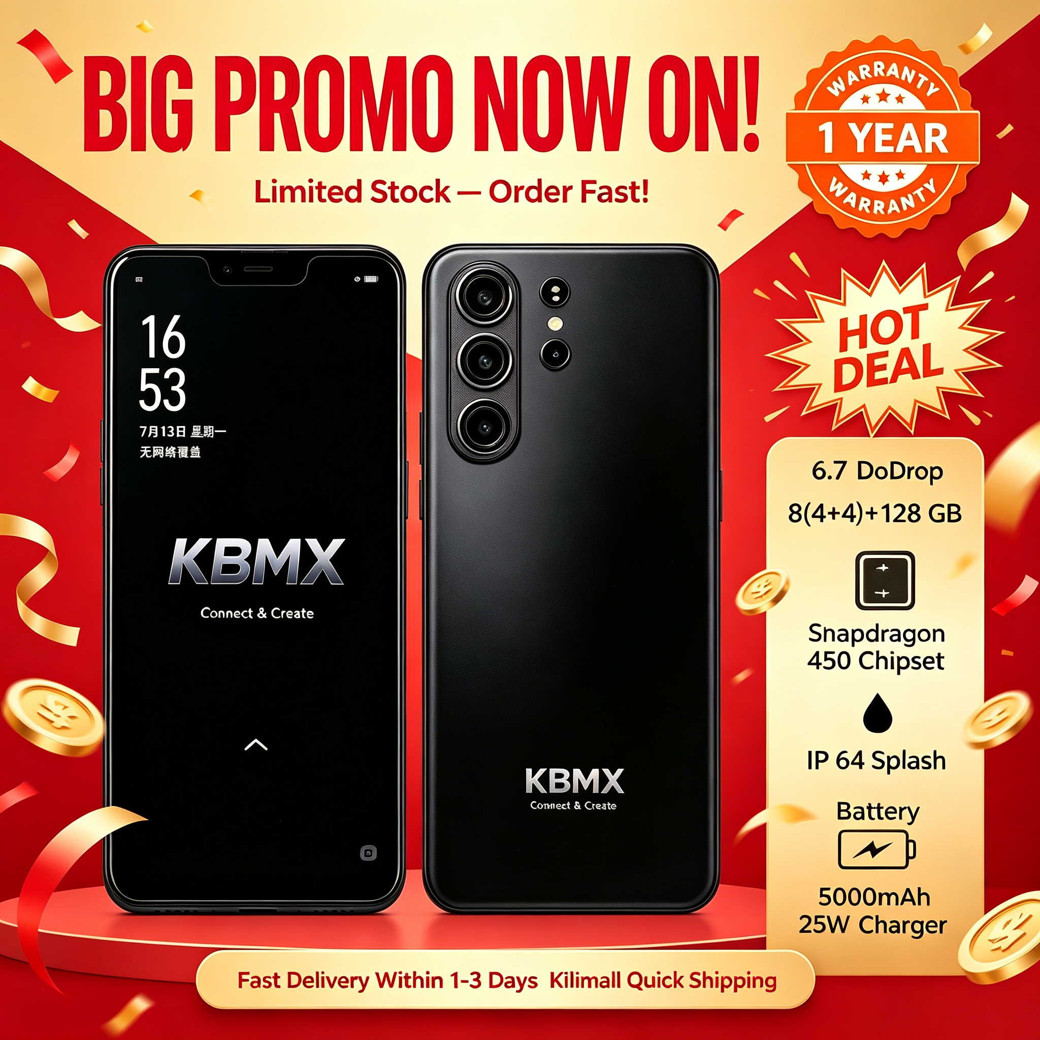 Brand New KBMX Smartphone, Nairobi Stock, 128GB Storage + 8GB RAM, 50MP Camera, 6.7-inch 90Hz Screen, Snapdragon 450 Processor, 5000mAh Battery, 25W Type-C Fast Charge, Android 14. Limited Stock!!!