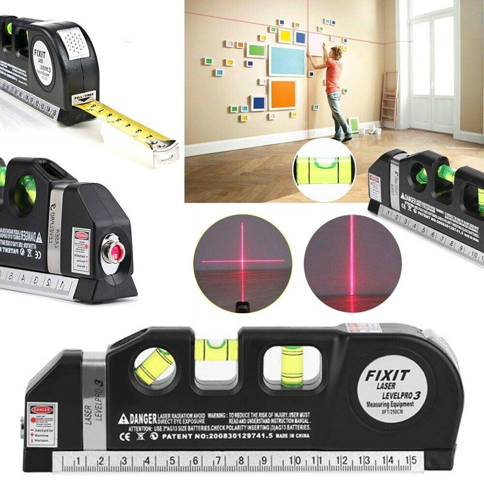 Laser Level Pro 3 Multifunction Laser Level with 8ft Tape Measure, Spirit Level & Cross Line Projector – Portable DIY & Professional Measuring Tool