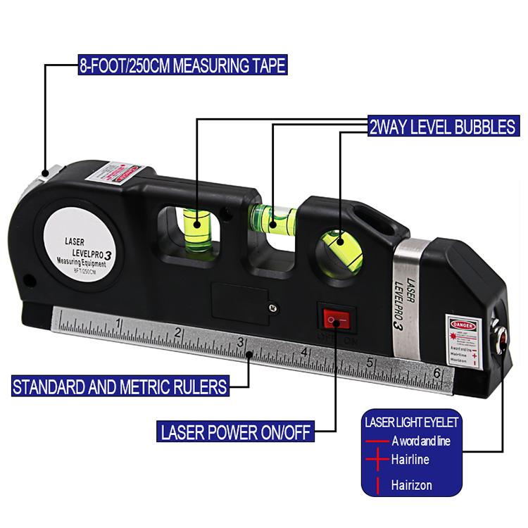 Laser Level Pro 3 Multifunction Laser Level with 8ft Tape Measure, Spirit Level & Cross Line Projector – Portable DIY & Professional Measuring Tool