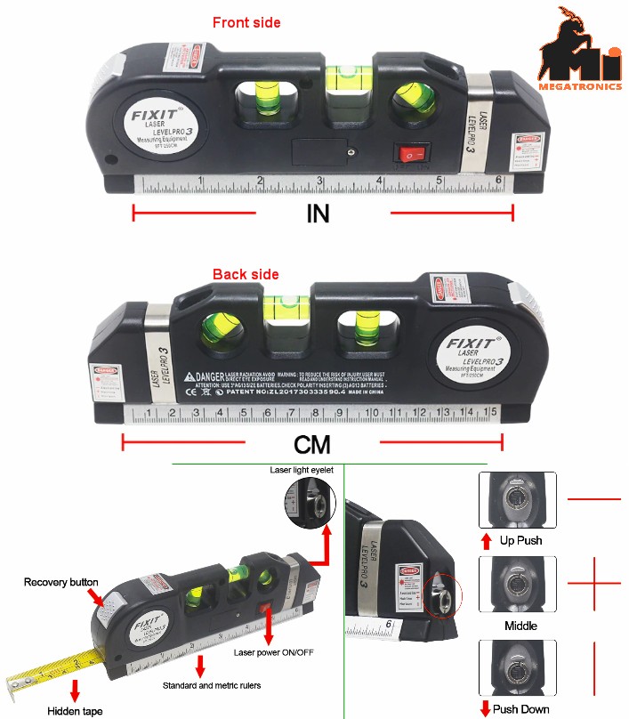 Laser Level Pro 3 Multifunction Laser Level with 8ft Tape Measure, Spirit Level & Cross Line Projector – Portable DIY & Professional Measuring Tool