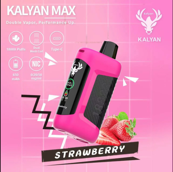 Strawberry Kalyan Max 18000 Puffs Rechargeable Disposable Vape: a high-capacity, rechargeable disposable vape featuring a classic, sweet, and crisp shisha-style apple flavor.