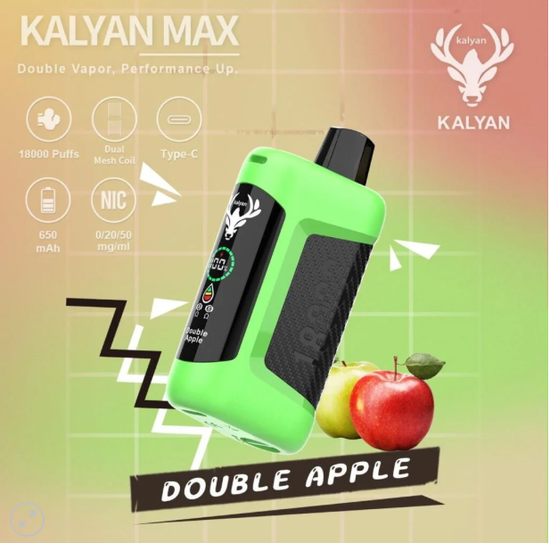 Double Apple Kalyan Max 18000 Puffs Rechargeable Disposable Vape: a high-capacity, rechargeable disposable vape featuring a classic, sweet, and crisp shisha-style apple flavor.