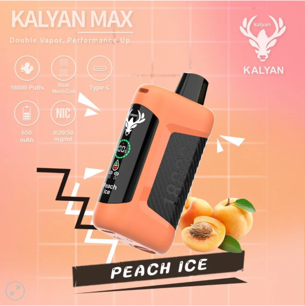Peach Ice Kalyan Max 18000 Puffs Rechargeable Disposable Vape: a high-capacity, rechargeable disposable vape featuring a classic, sweet, and crisp shisha-style apple flavor.
